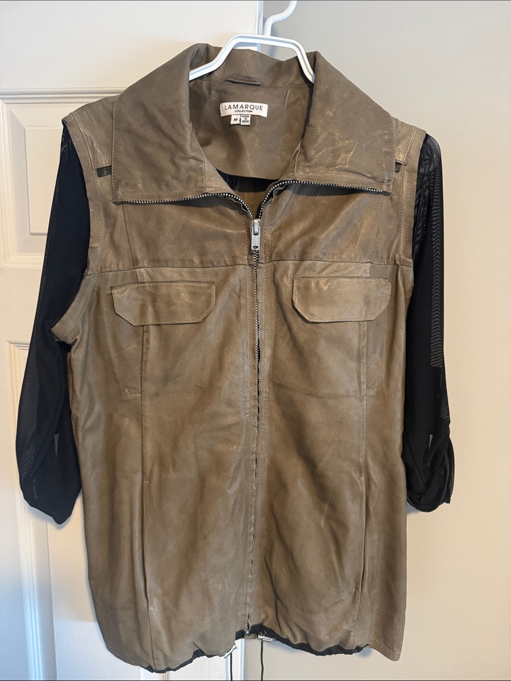 Lamarque Grey Leather Zip-Front Vest Sheer removable Sleeves M